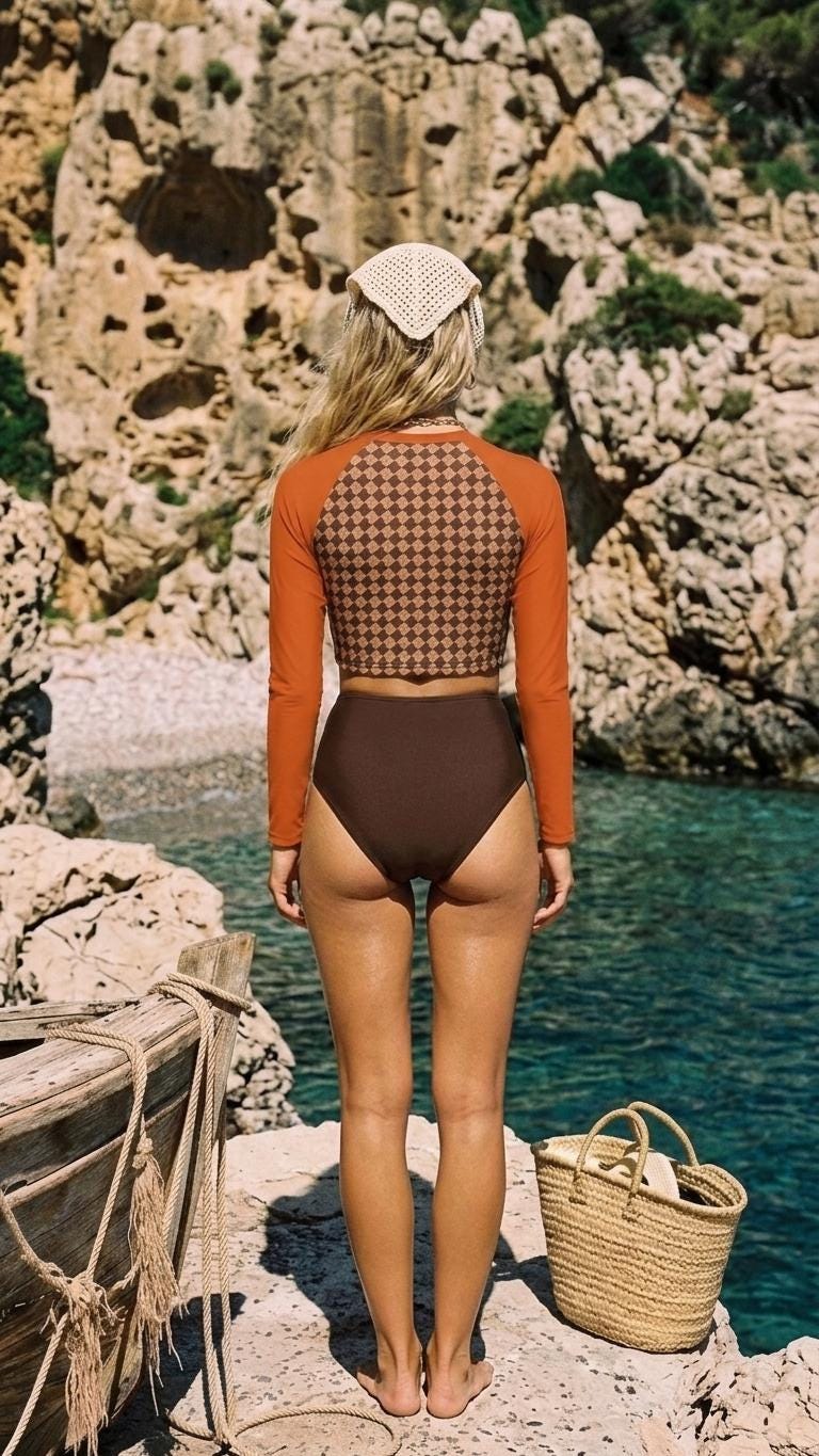 Sporty Long-Sleeve Crop-Top Bikini High-Waist Swimsuit, Trendy Retro Beachwear, Brown & Orange with Houndstooth