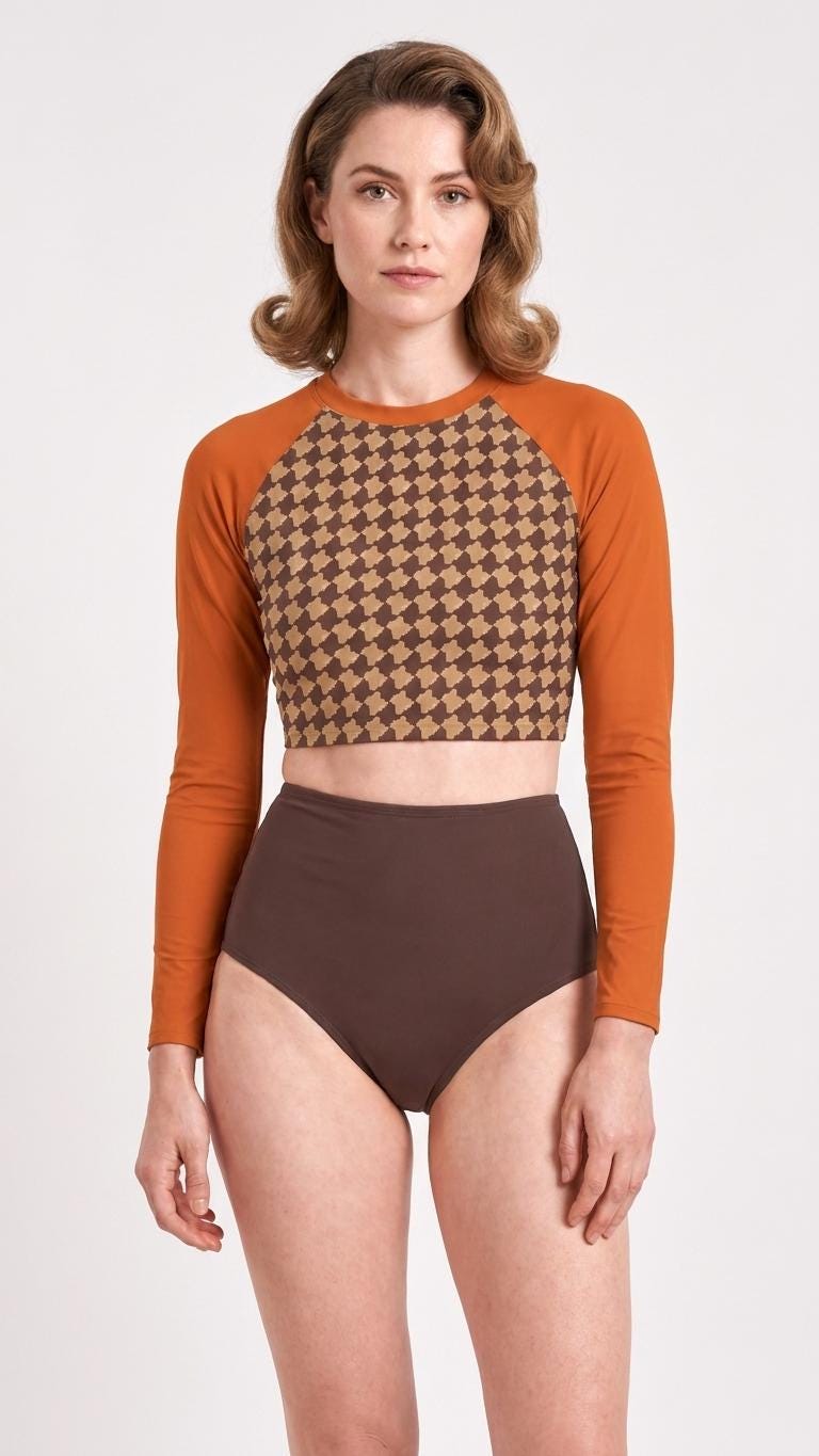 Sporty Long-Sleeve Crop-Top Bikini High-Waist Swimsuit, Trendy Retro Beachwear, Brown & Orange with Houndstooth