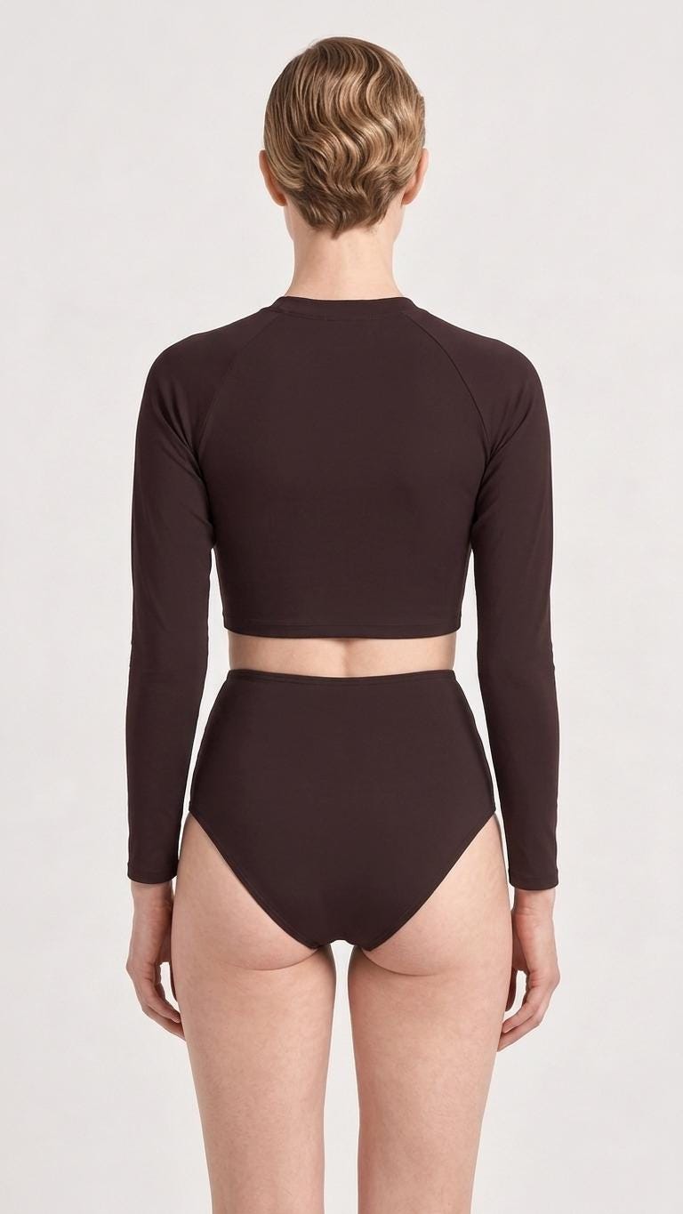 Mid-Century Mod Colours Retro Long-Sleeve Rash-Guard Bikini | Two-Piece Swimsuit with High-Waisted Bottoms | Brown