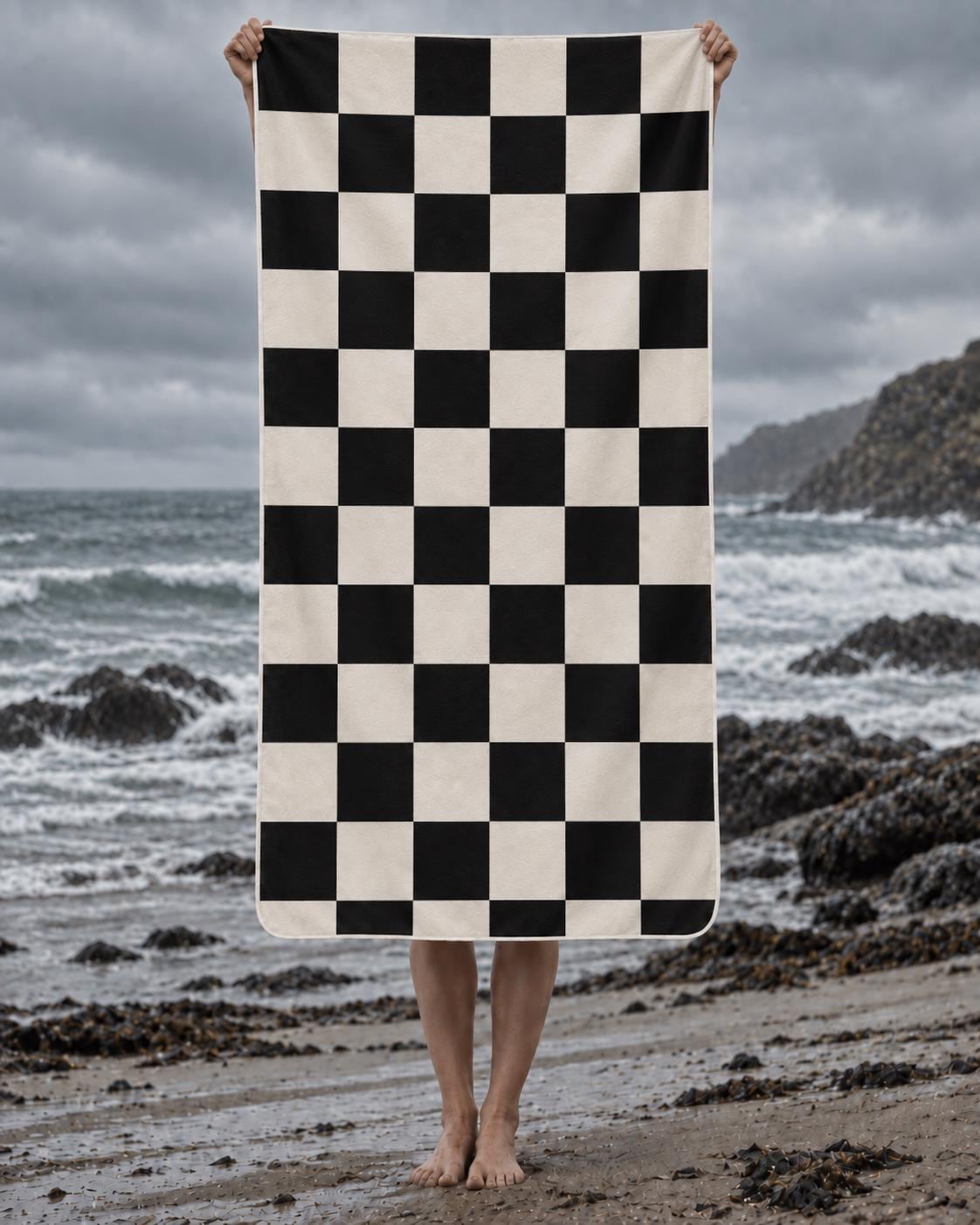 Retro Monochromatic Black Beach Towel, Large Vintage-Style Polyester Quick-Dry Terry Pool Towel, Various Designs