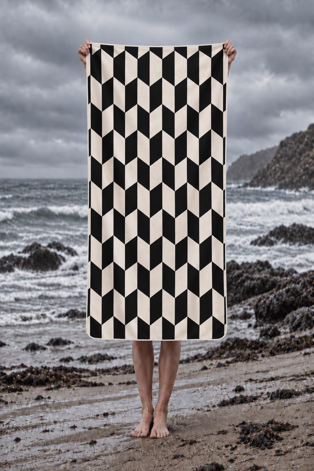 Retro Monochromatic Black Beach Towel, Large Vintage-Style Polyester Quick-Dry Terry Pool Towel, Various Designs