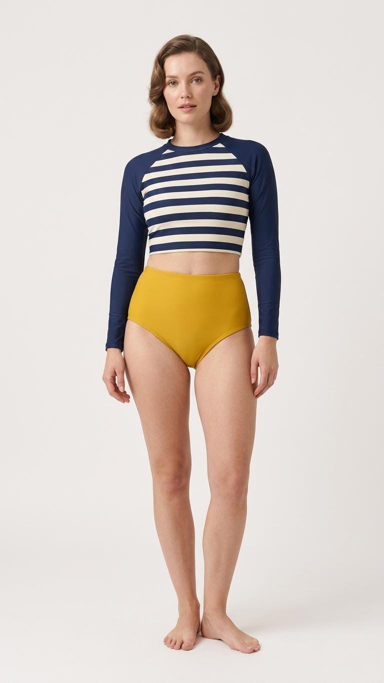 Retro Surf Sporty Long-Sleeve Rash-Guard Bikini | High-Waist Two-Piece Swimsuit | Blue Stripes & Mustard