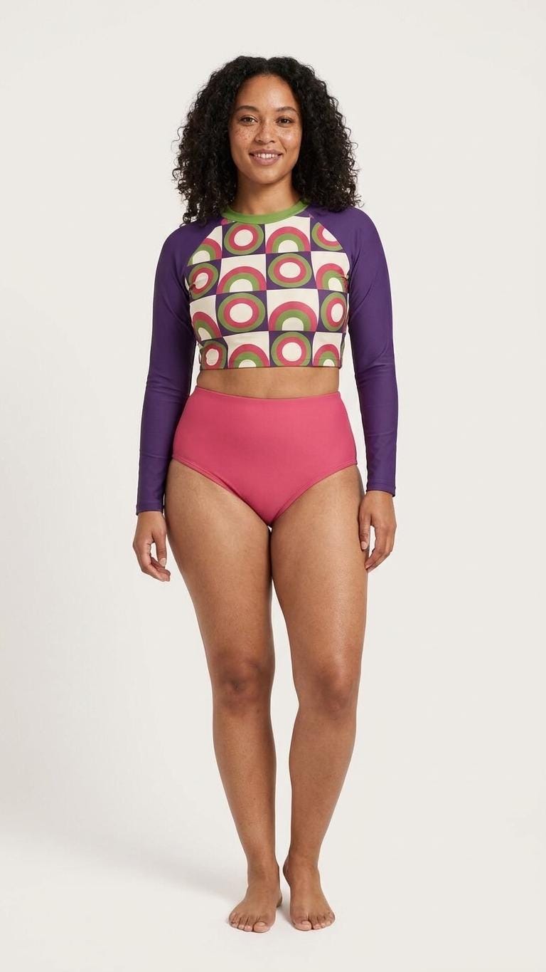 Mid-Century Mod-Style Retro Long-Sleeve Rash-Guard Bikini | Two-Piece Swimsuit with High-Waisted Bottoms | Purple, Pink & Green