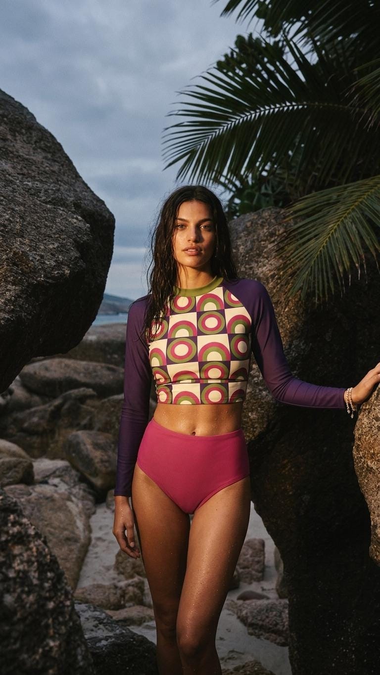 Mid-Century Mod-Style Retro Long-Sleeve Rash-Guard Bikini | Two-Piece Swimsuit with High-Waisted Bottoms | Purple, Pink & Green