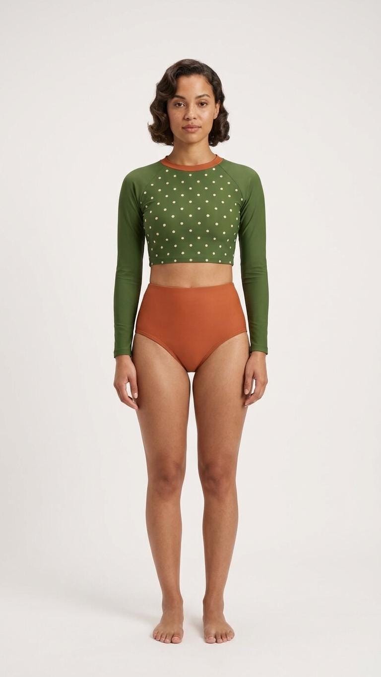 Retro Surf Sporty Long-Sleeve Rash-Guard Bikini | High-Waist Two-Piece Swimsuit | Green Polka Dot & Terracotta