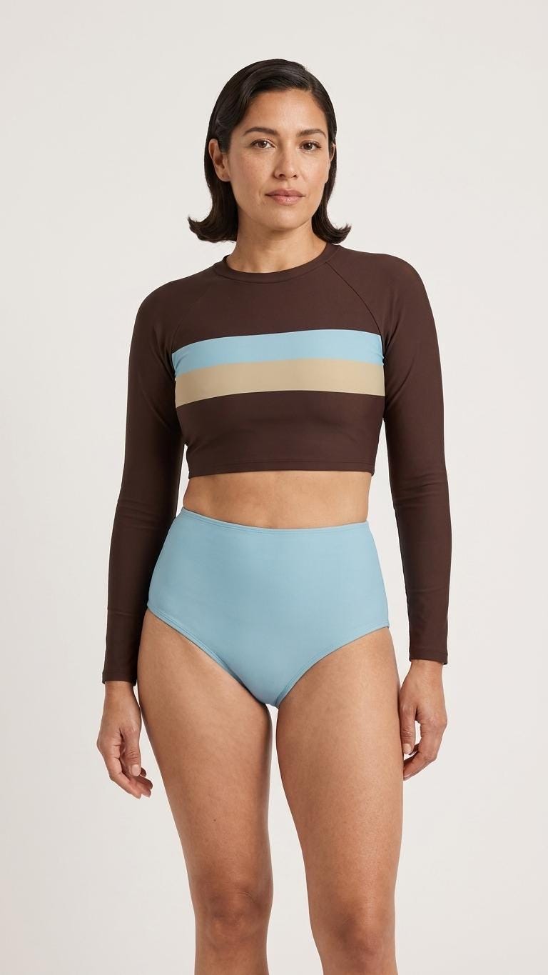 Mid-Century Mod Retro Long-Sleeve Rash-Guard Bikini | Two-Piece Swimsuit with High-Waisted Bottoms | Brown with Blue