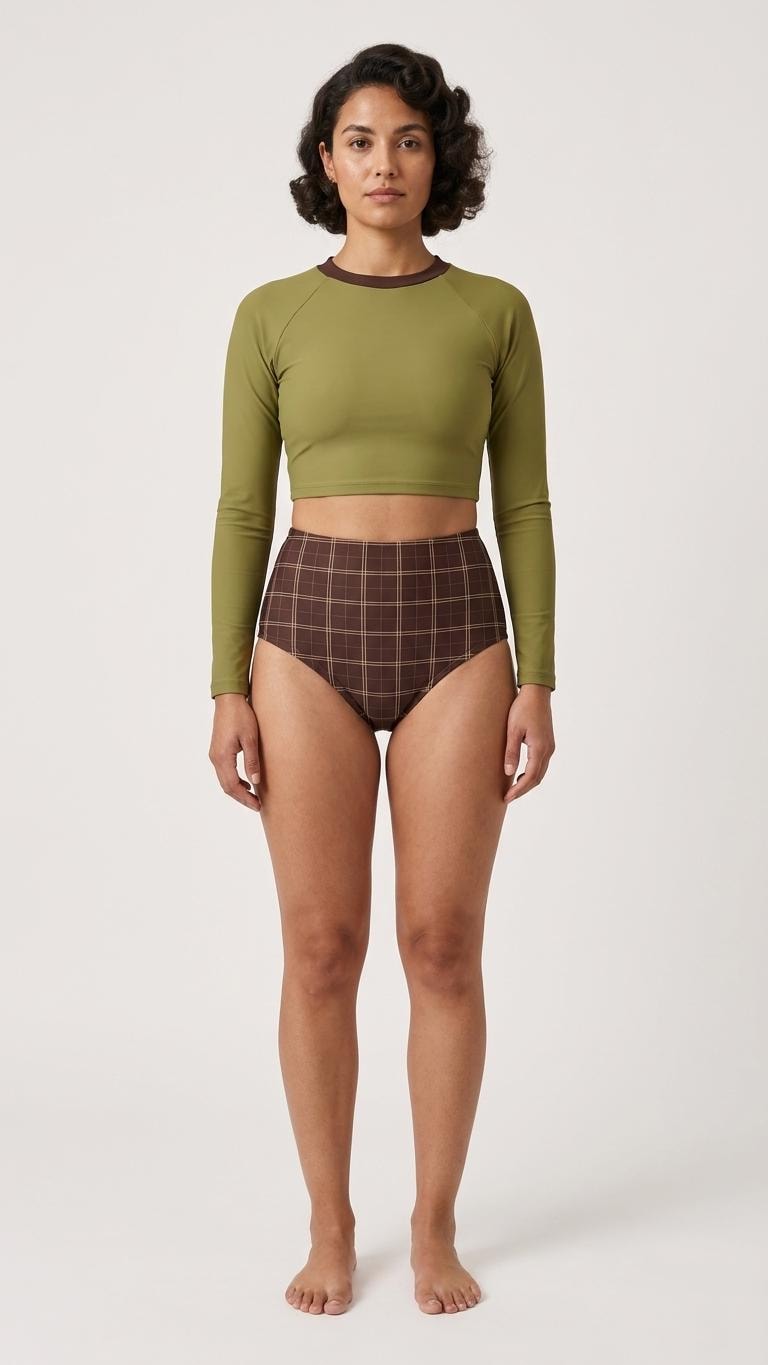 Mid-Century Mod Retro Long-Sleeve Rash-Guard Bikini | Two-Piece Swimsuit with High-Waisted Bottoms | Chequered Brown & Green