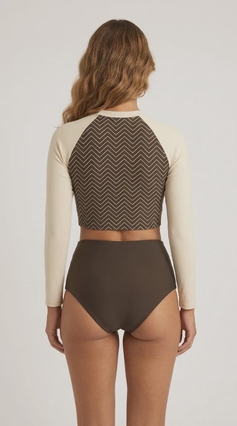 Retro Surf Sporty Long-Sleeve Rash-Guard Bikini | High-Waist Two-Piece Swimsuit | Brown & Cream
