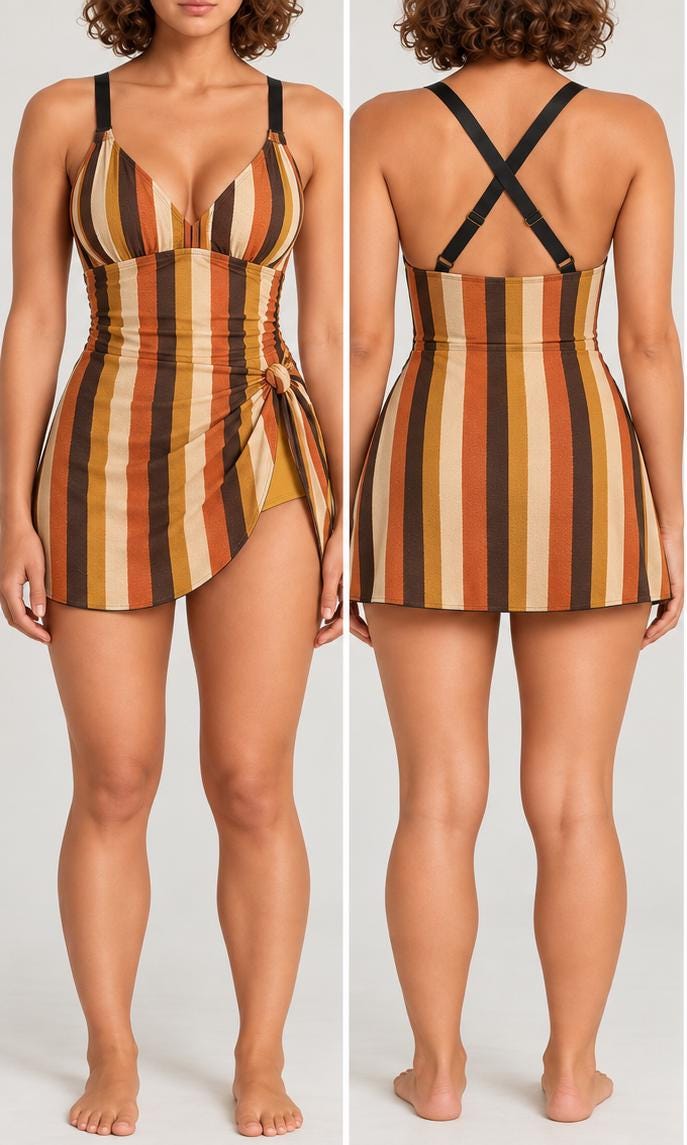 Retro Swim Dress, Modest One-Piece with Integrated Bottoms, Fall Lakehouse Vintage Stripes