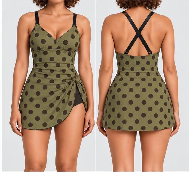 Retro Swim Dress, Modest One-Piece with Skirt & Integrated Bottoms, Olive Polka-Dot