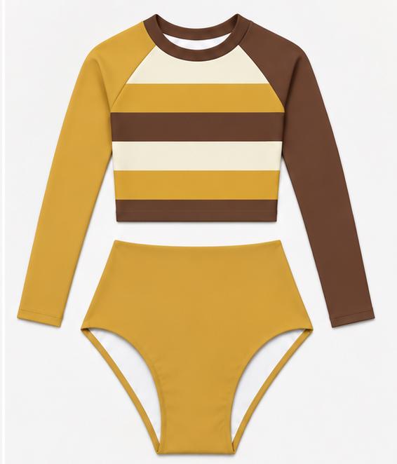Brown & Mustard Mod-Style Sixties-Inspired Two-Piece Swimsuit, Retro Long Sleeve Crop Rash Guard