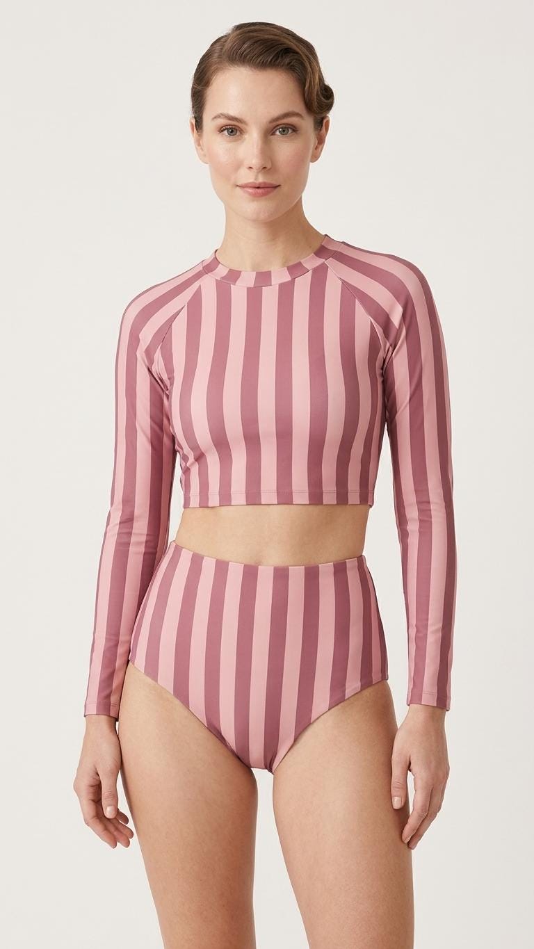 Mauve Vintage Stripes Fall Lakehouse Two-Piece Swimsuit, Retro Long-Sleeve Crop Rash-Guard Set