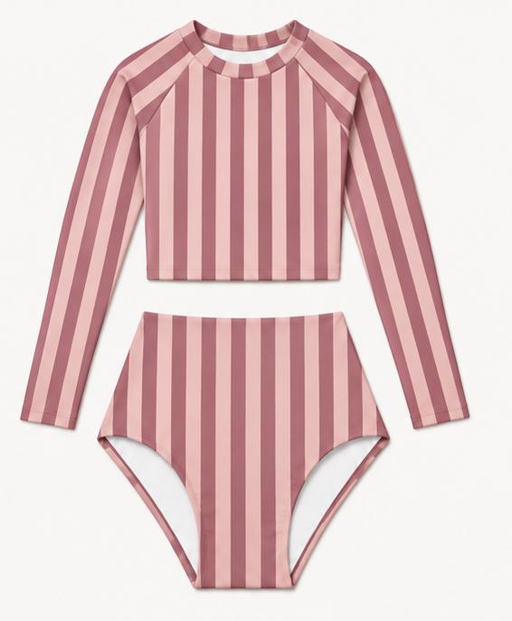 Mauve Vintage Stripes Fall Lakehouse Two-Piece Swimsuit, Retro Long-Sleeve Crop Rash-Guard Set