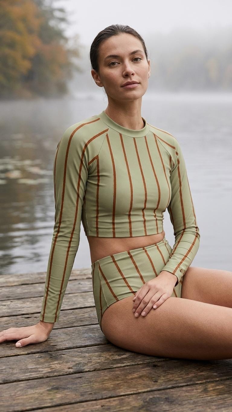 Green Vintage Stripes Fall Lakehouse Two-Piece Swimsuit, Retro Long-Sleeve Crop Rash-Guard Set