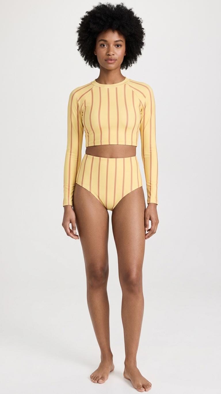Yellow Vintage Stripes Fall Lakehouse Two-Piece Swimsuit, Retro Long-Sleeve Crop Rash-Guard Set