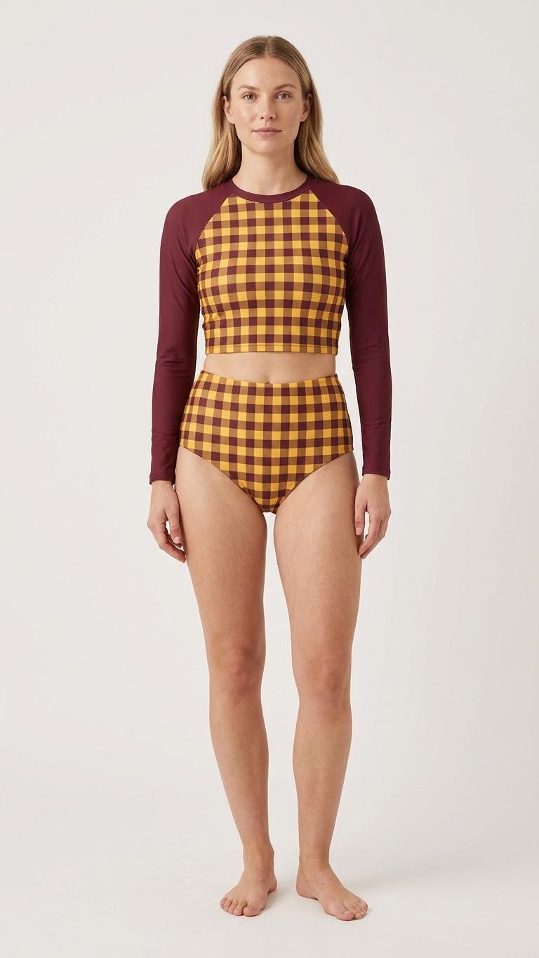 Wine & Yellow Vintage-Gingham Fall Lakehouse Two-Piece Swimsuit, Retro Long-Sleeve Crop Rash-Guard Set