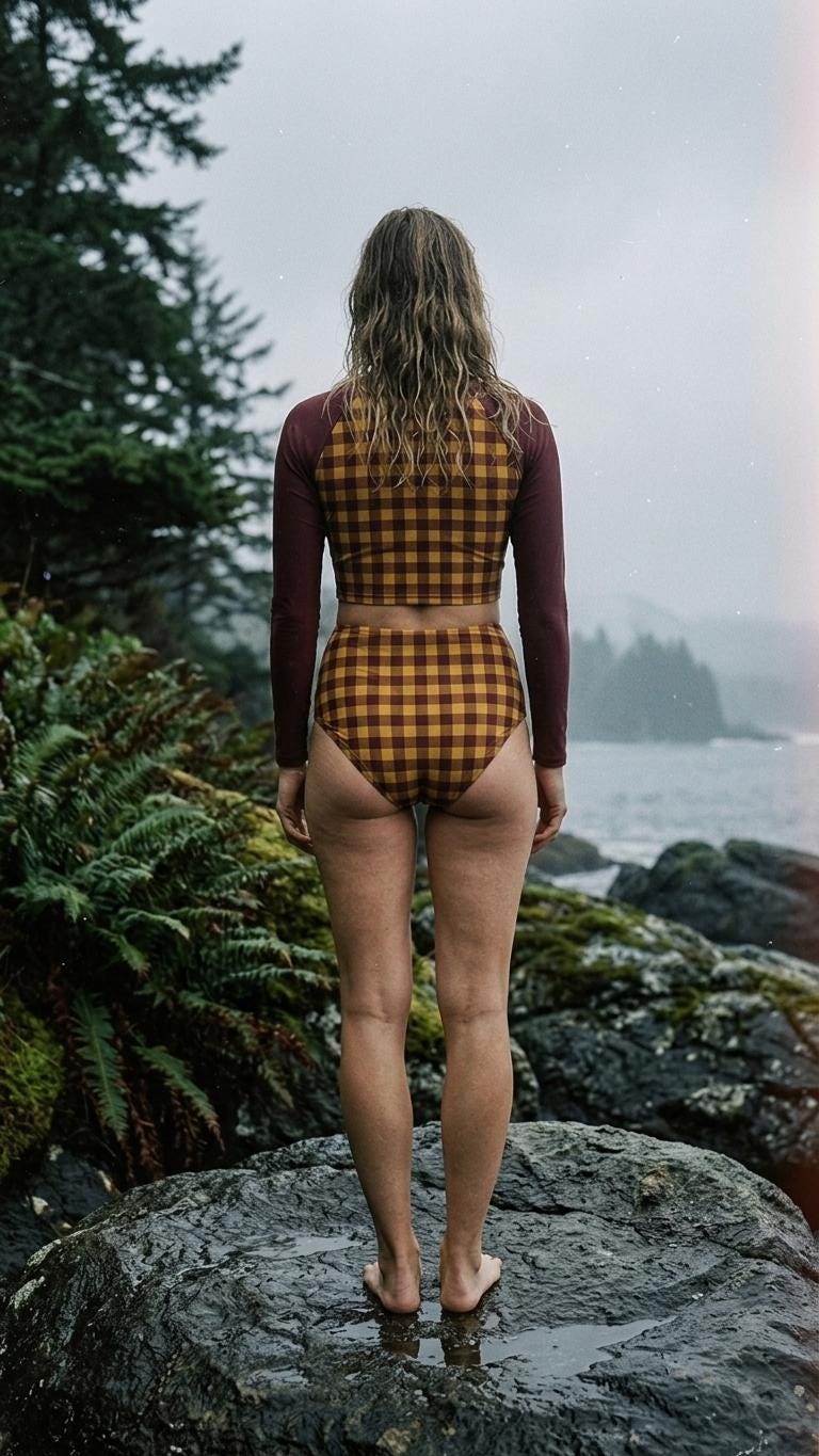 Wine & Yellow Vintage-Gingham Fall Lakehouse Two-Piece Swimsuit, Retro Long-Sleeve Crop Rash-Guard Set