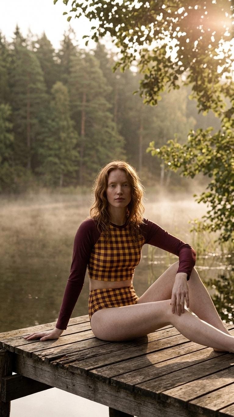 Wine & Yellow Vintage-Gingham Fall Lakehouse Two-Piece Swimsuit, Retro Long-Sleeve Crop Rash-Guard Set