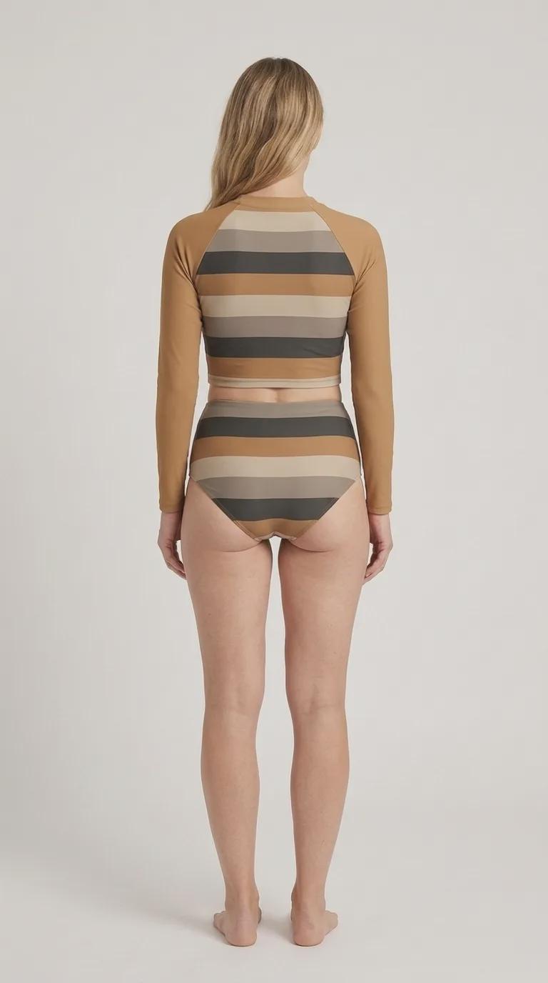 Caramel & Charcoal Vintage Stripes Fall Lakehouse Two-Piece Swimsuit, Retro Long-Sleeve Crop Rash-Guard Set
