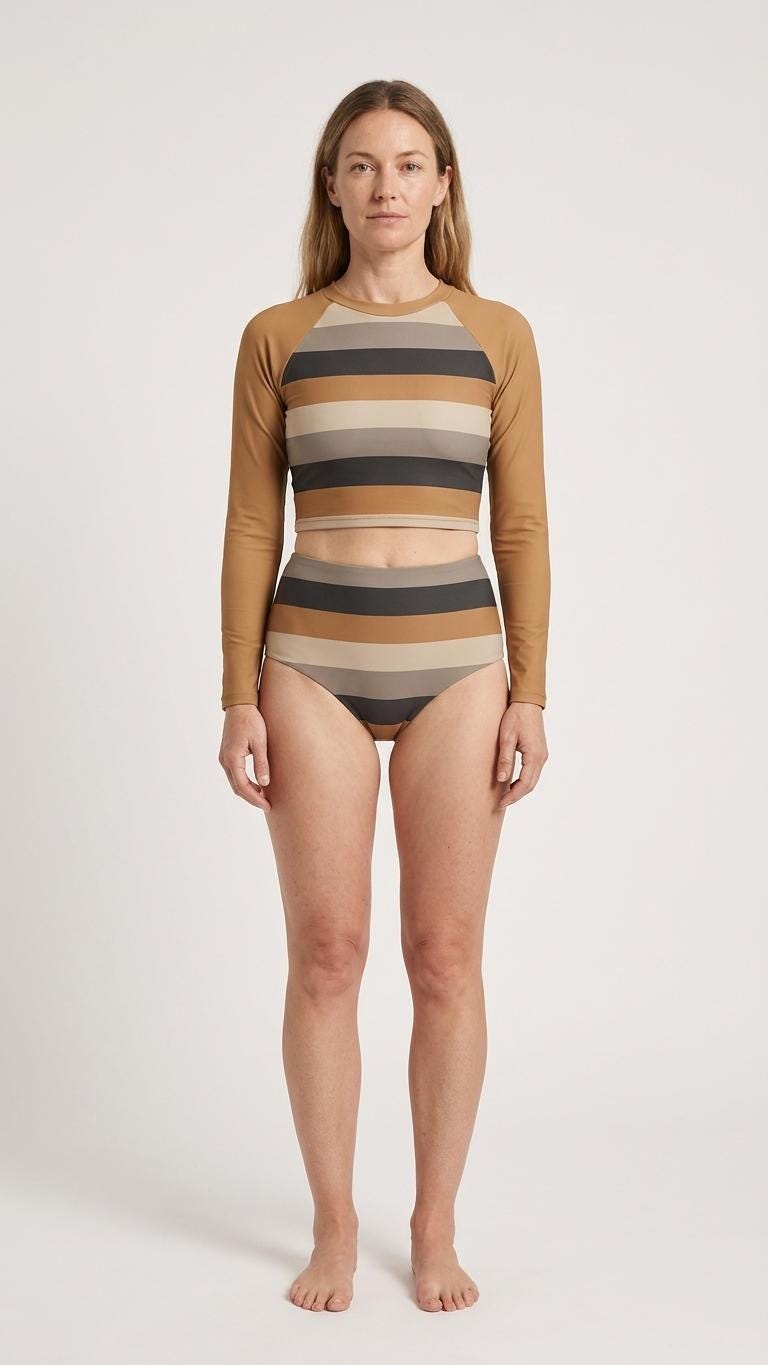 Caramel & Charcoal Vintage Stripes Fall Lakehouse Two-Piece Swimsuit, Retro Long-Sleeve Crop Rash-Guard Set