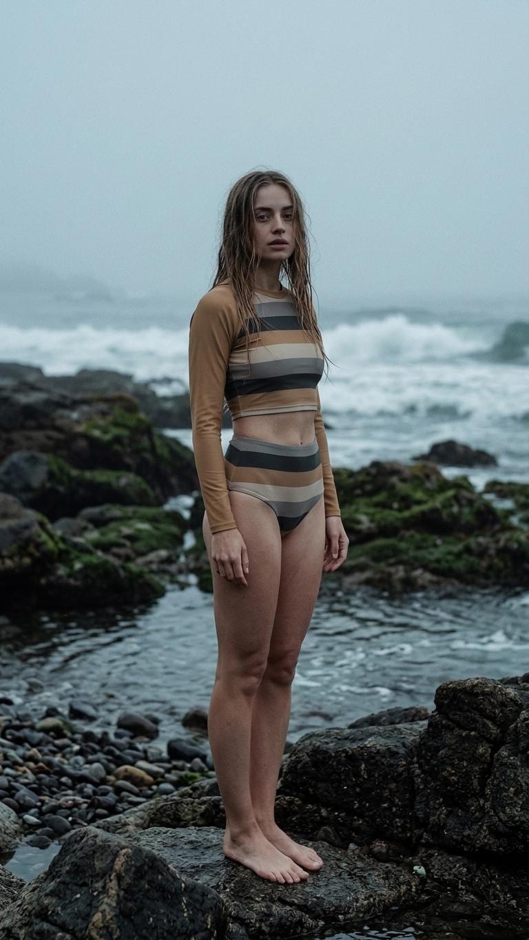 Caramel & Charcoal Vintage Stripes Fall Lakehouse Two-Piece Swimsuit, Retro Long-Sleeve Crop Rash-Guard Set