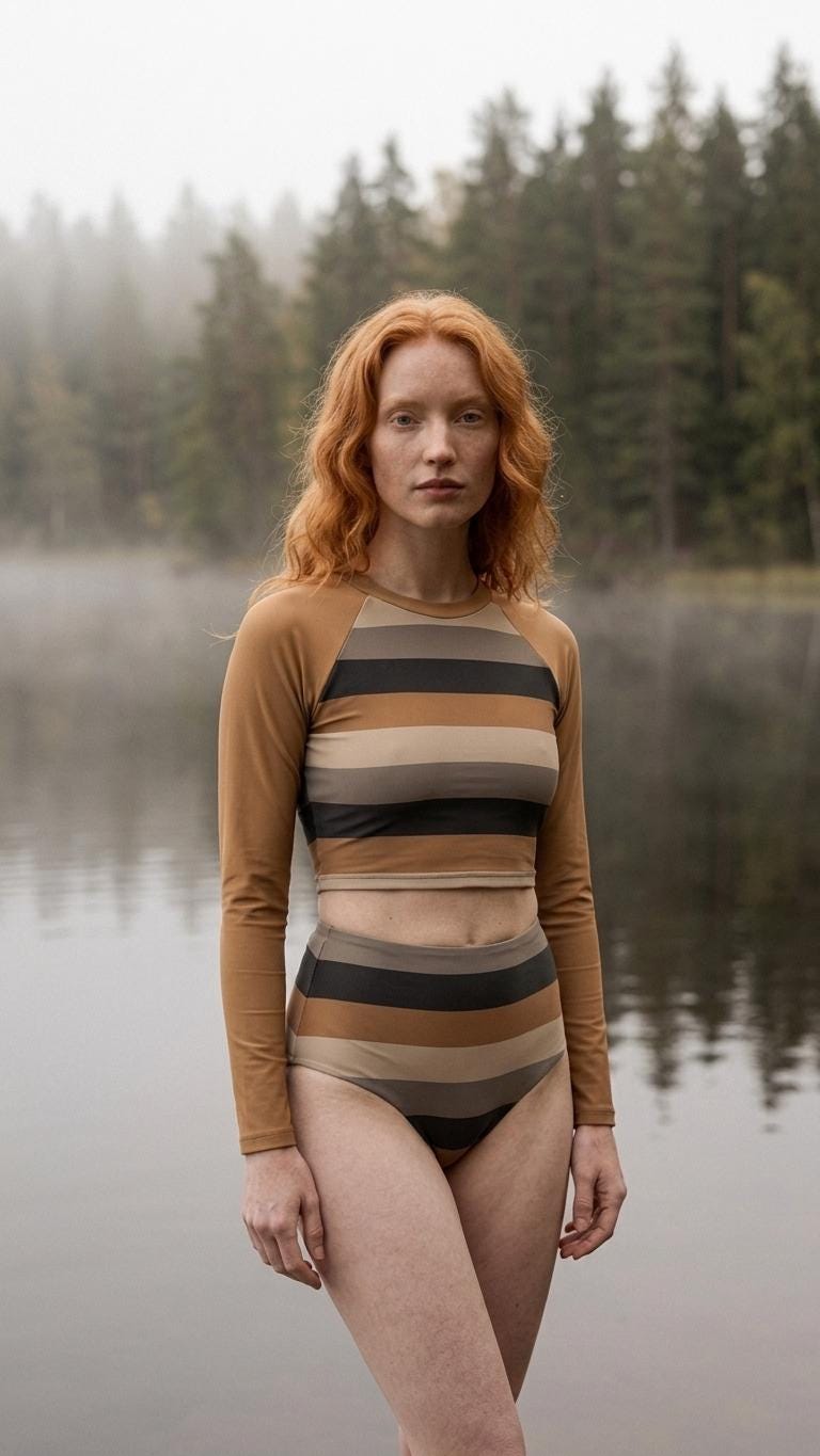 Caramel & Charcoal Vintage Stripes Fall Lakehouse Two-Piece Swimsuit, Retro Long-Sleeve Crop Rash-Guard Set
