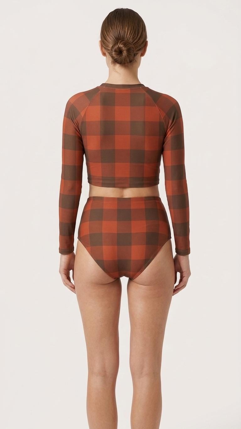 Red Vintage-Gingham Fall Lakehouse Two-Piece Swimsuit, Retro Long-Sleeve Crop Rash-Guard Set