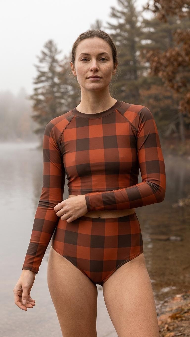 Red Vintage-Gingham Fall Lakehouse Two-Piece Swimsuit, Retro Long-Sleeve Crop Rash-Guard Set