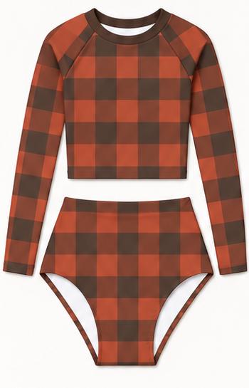 Red Vintage-Gingham Fall Lakehouse Two-Piece Swimsuit, Retro Long-Sleeve Crop Rash-Guard Set