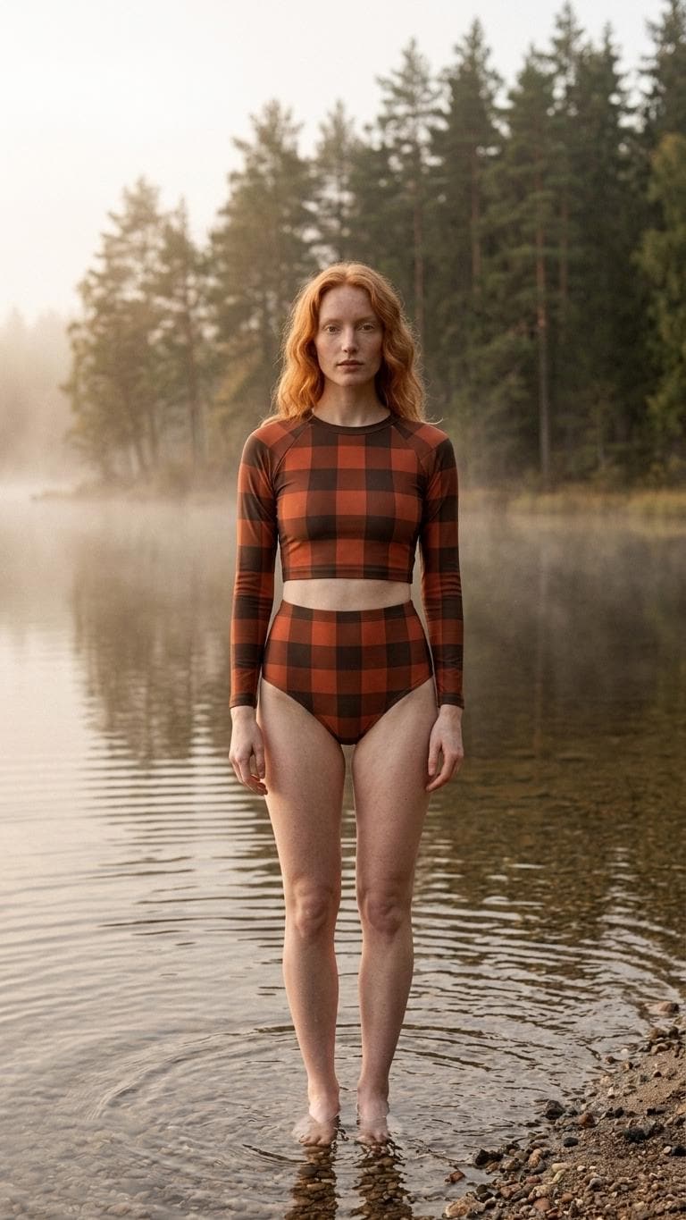 Red Vintage-Gingham Fall Lakehouse Two-Piece Swimsuit, Retro Long-Sleeve Crop Rash-Guard Set