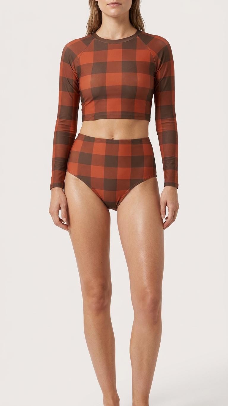 Red Vintage-Gingham Fall Lakehouse Two-Piece Swimsuit, Retro Long-Sleeve Crop Rash-Guard Set