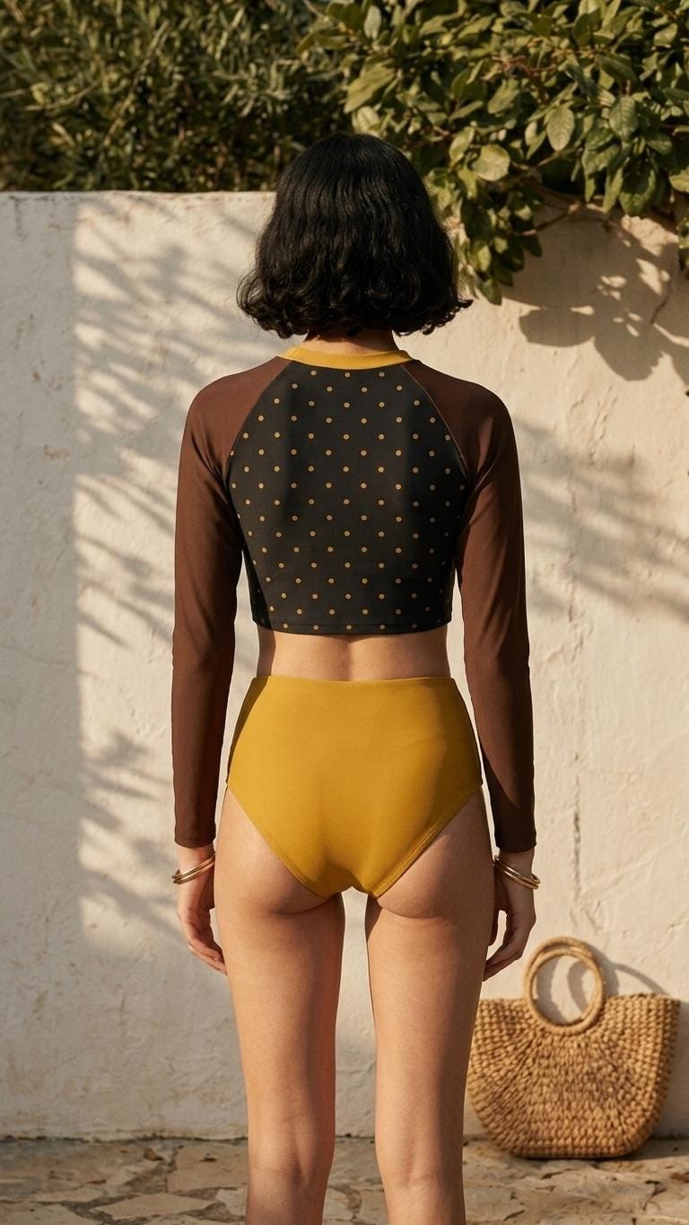 Retro Surf Sporty Long-Sleeve Rash-Guard Bikini | High-Waist Two-Piece Swimsuit | Autumnal Brown & Mustard