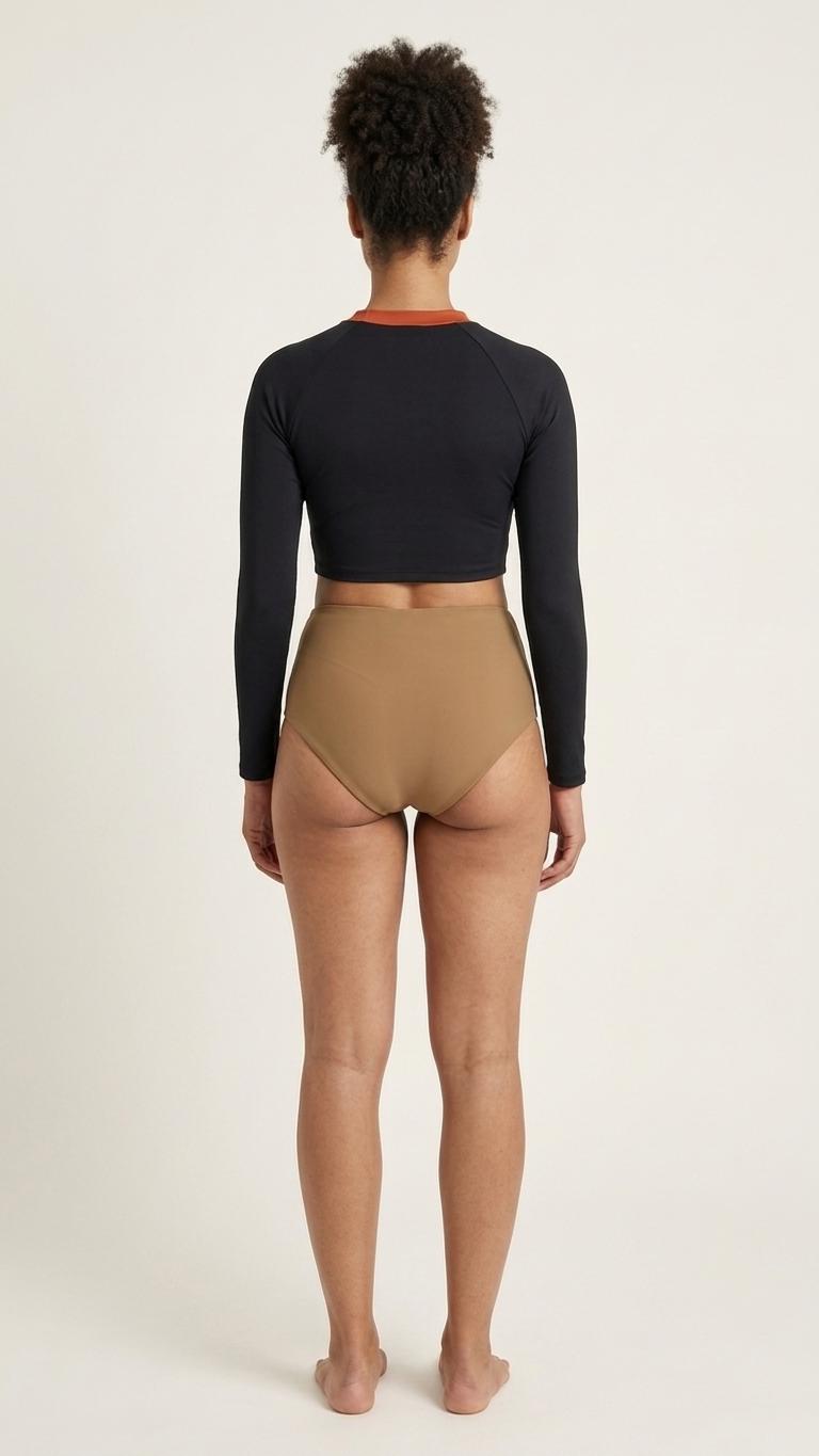 Retro Surf Sporty Long-Sleeve Rash-Guard Bikini | High-Waist Two-Piece Swimsuit | Charcoal & Camel