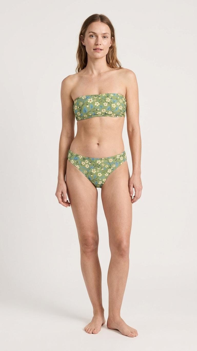 Retro Classic Lightweight Bandeau Tube Strapless Bikini Set – Coquette Ditsy Florals in Green – Unlined