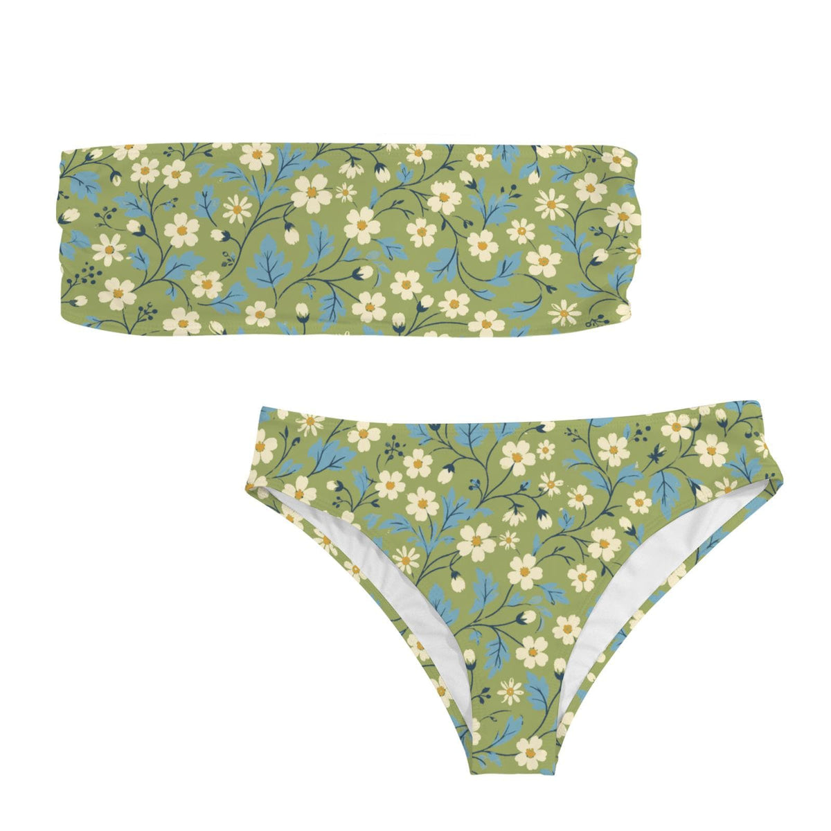 Retro Classic Lightweight Bandeau Tube Strapless Bikini Set – Coquette Ditsy Florals in Green – Unlined