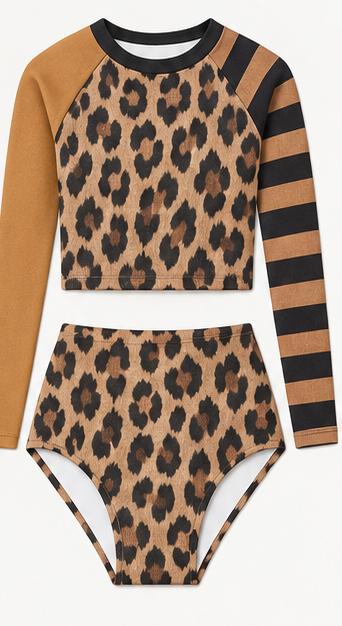 Leopard Brown with Stripes Two-Piece Swimsuit, Retro Long-Sleeve Crop Rash-Guard Set