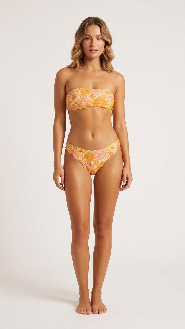 Retro Classic Lightweight Bandeau Bikini Set – Mid-Century Groovy 1970s Florals – Unlined