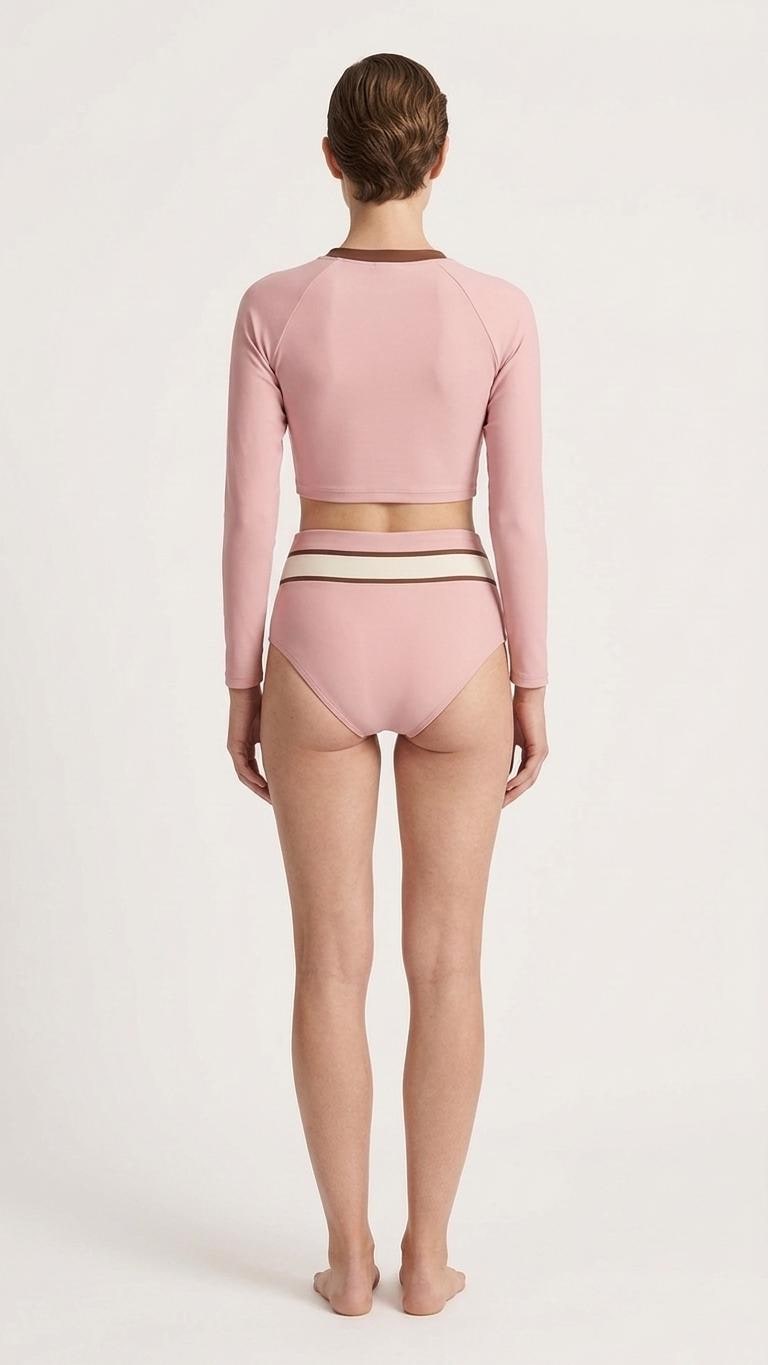 Retro Surf Sporty Long-Sleeve Rash-Guard Bikini | High-Waist Two-Piece Swimsuit | Pink with 1970s Stripes