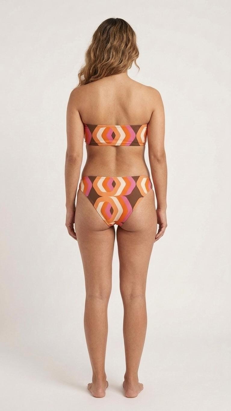Retro Classic Lightweight Bandeau Bikini Set – Mid-Century Mod-Style 1970s Brown Print – Unlined