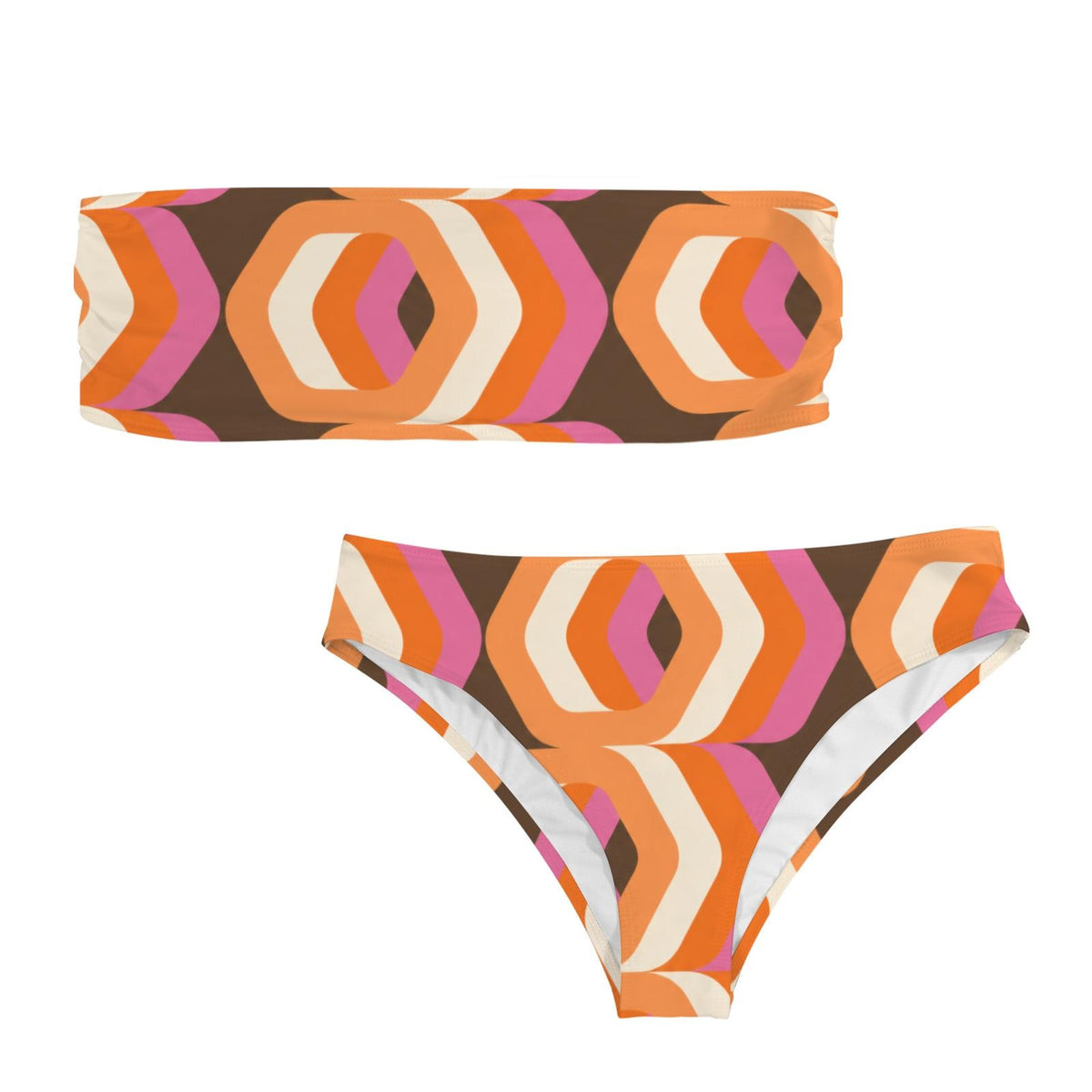 Retro Classic Lightweight Bandeau Bikini Set – Mid-Century Mod-Style 1970s Brown Print – Unlined