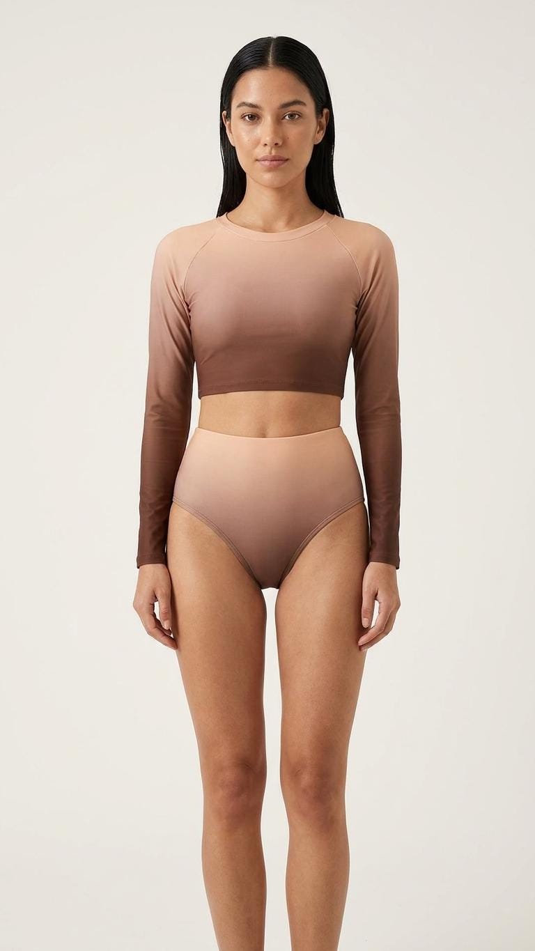 Retro Surf Sporty Long-Sleeve Rash-Guard Bikini | High-Waist Two-Piece Swimsuit | Ombre Brown & Peach Gradient