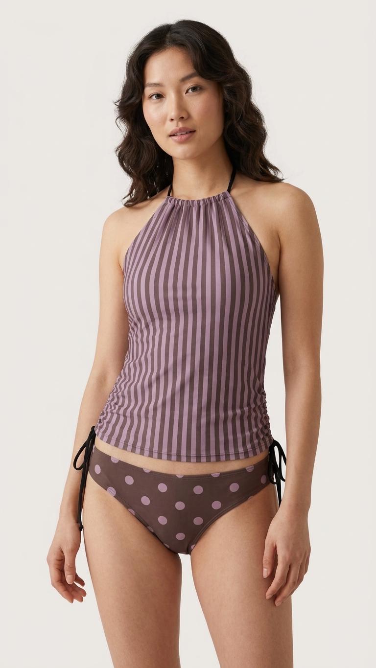 Retro Halter Tankini Swimsuit – Two-Piece Drawstring Halterneck Bathing Suit – Lilac