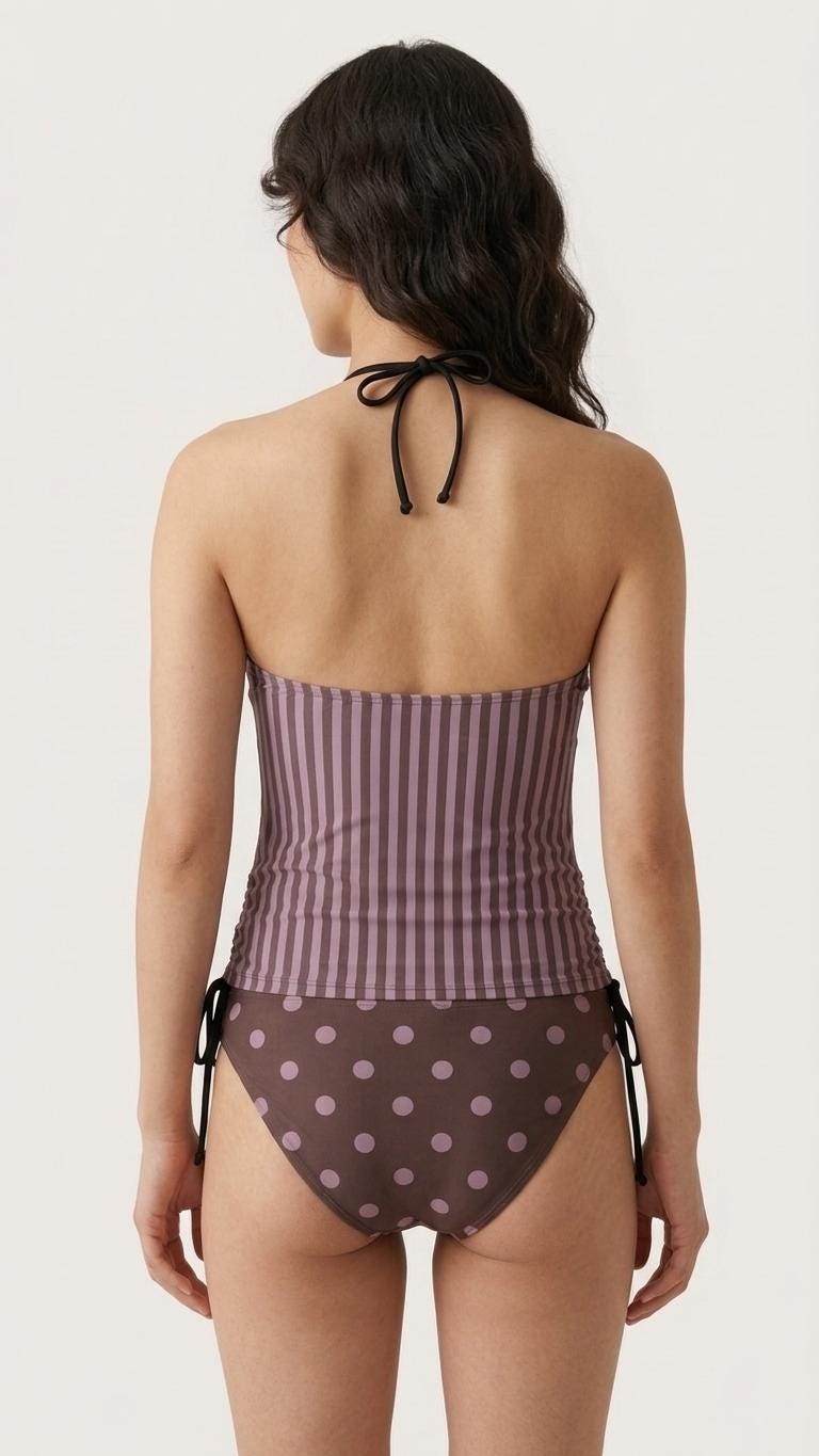Retro Halter Tankini Swimsuit – Two-Piece Drawstring Halterneck Bathing Suit – Lilac