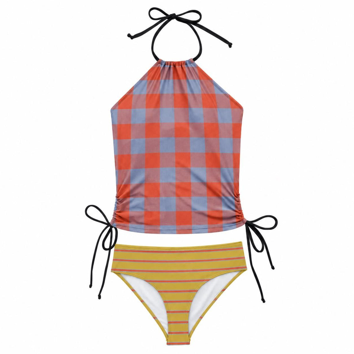 Retro Halter Tankini Swimsuit – Two-Piece Drawstring Halterneck Bathing Suit – Buffalo Plaid