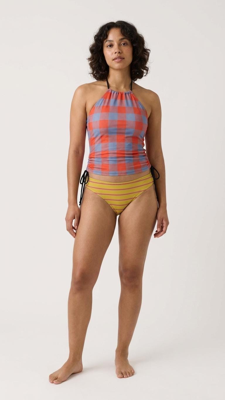 Retro Halter Tankini Swimsuit – Two-Piece Drawstring Halterneck Bathing Suit – Buffalo Plaid