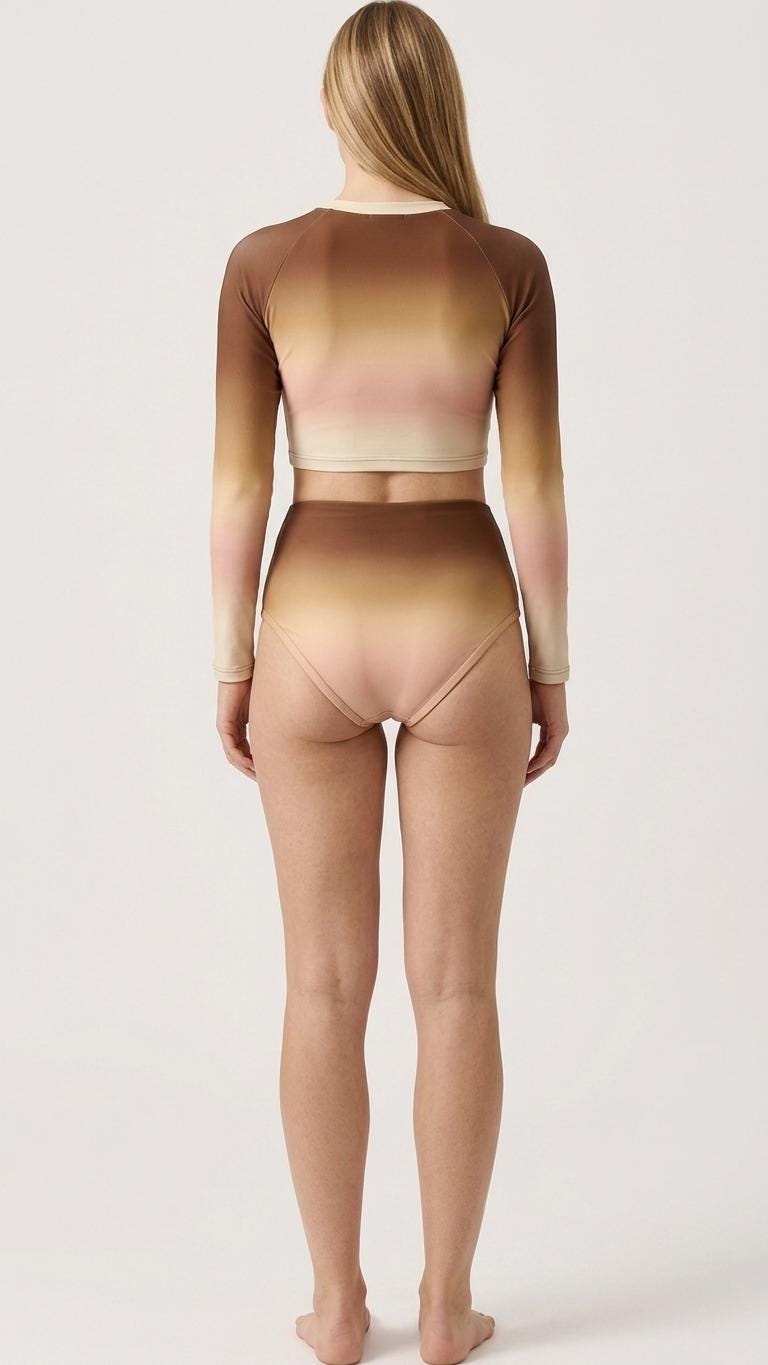 Retro Surf Sporty Long-Sleeve Rash-Guard Bikini | High-Waist Two-Piece Swimsuit | Ombre Brown & Peach Gradient