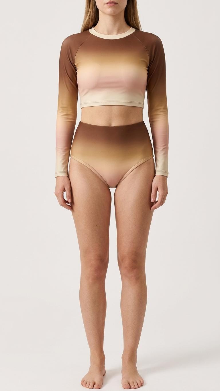 Retro Surf Sporty Long-Sleeve Rash-Guard Bikini | High-Waist Two-Piece Swimsuit | Ombre Brown & Peach Gradient