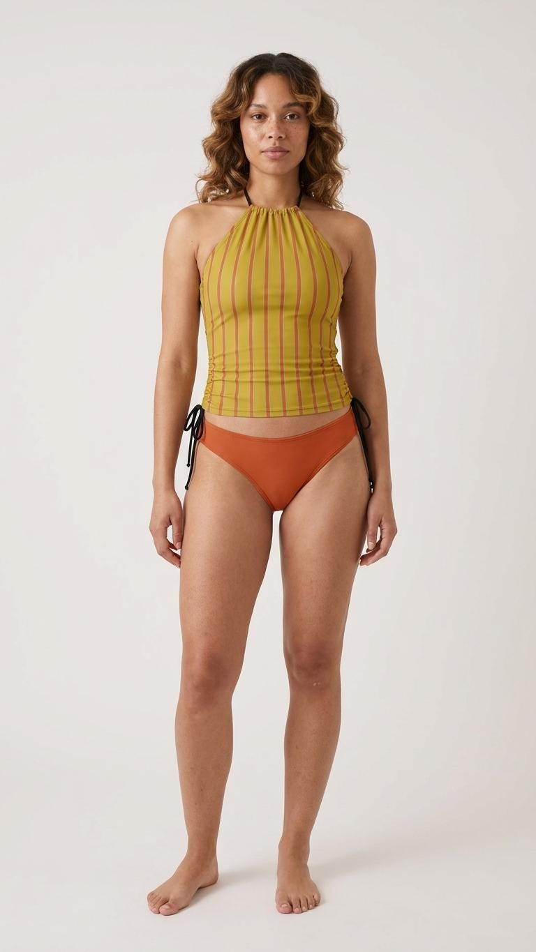 Retro Halter Tankini Swimsuit – Two-Piece Drawstring Halterneck Bathing Suit – Mustard & Red