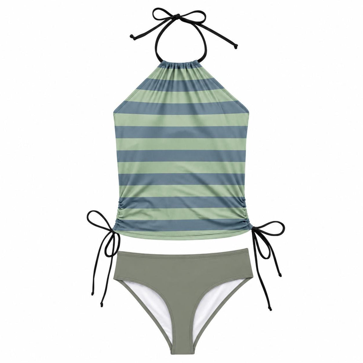 Retro Halter Tankini Swimsuit – Two-Piece Drawstring Halterneck Bathing Suit – Slate & Sage