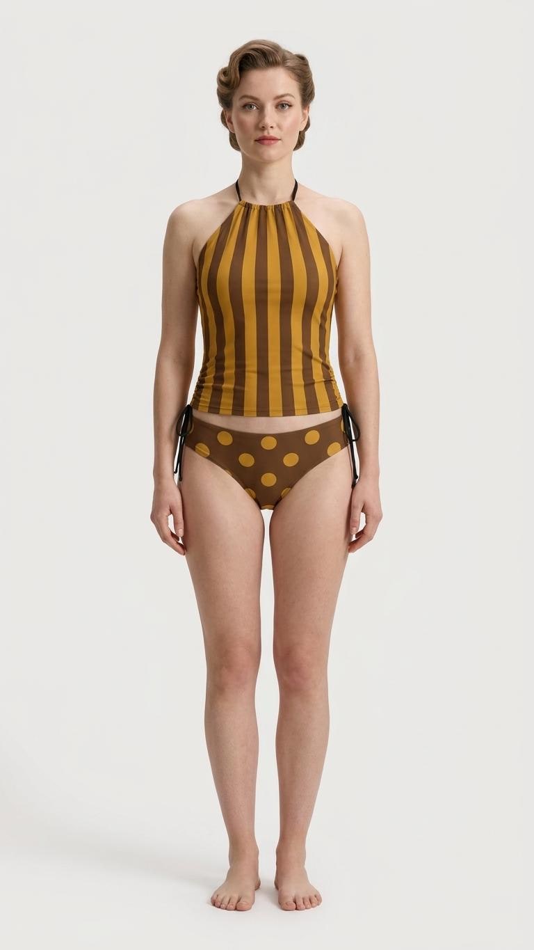 Retro Halter Tankini Swimsuit – Two-Piece Drawstring Halterneck Bathing Suit – Brown & Mustard